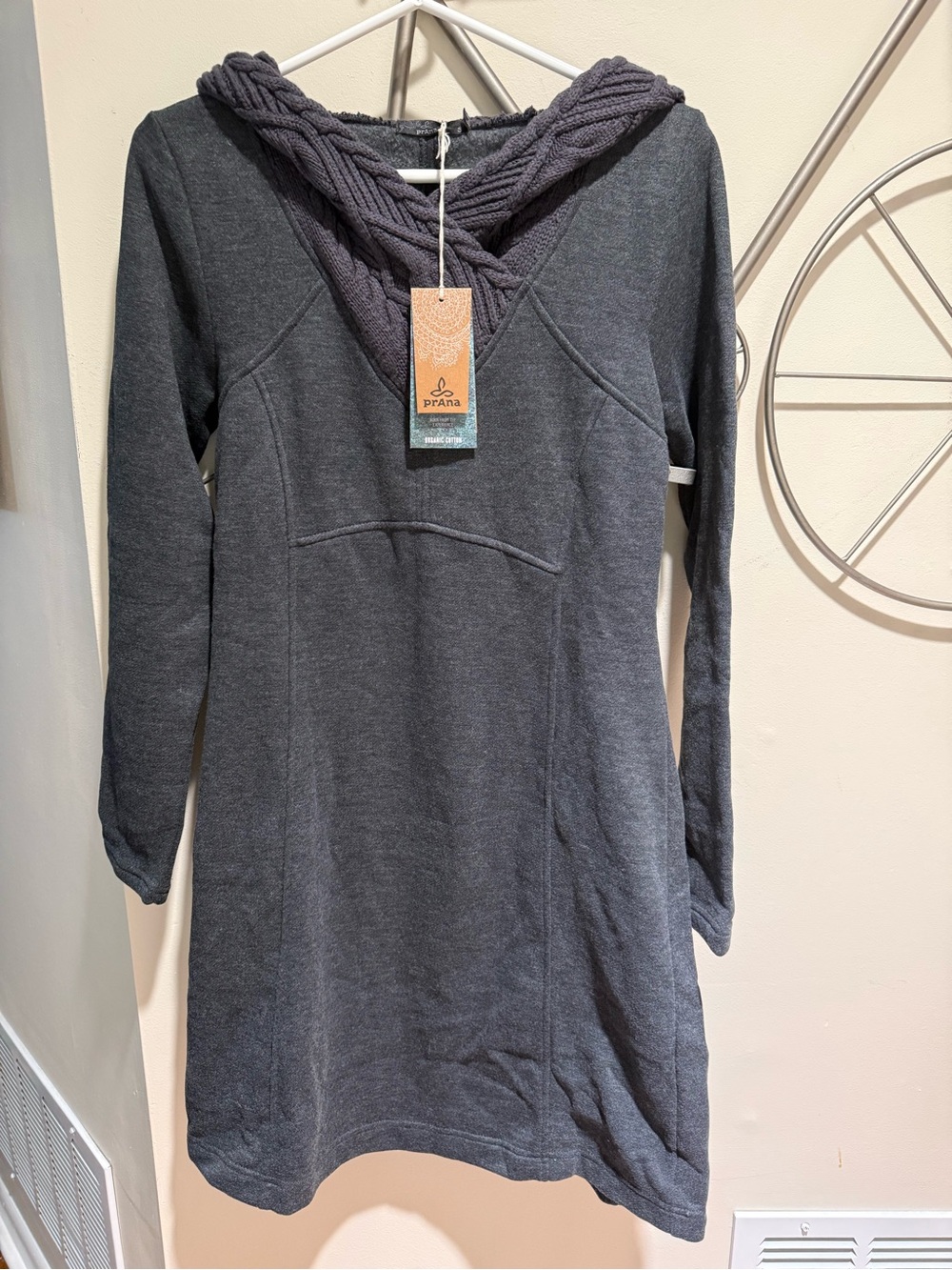 NWT prAna Organic Cotton Cable Knit Hooded Sweater Dress Charcoal Grey - Size S